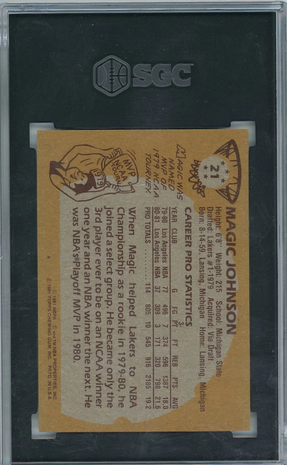 Magic Johnson 1981-82 Topps #21 SGC 7