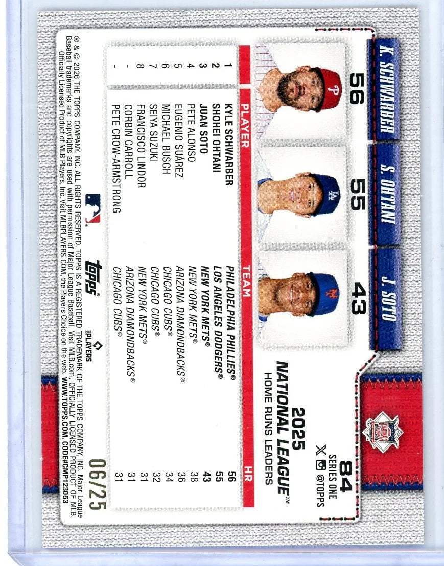 K. Schwarber & S. Ohtani & J. Soto 2026 Topps Series 1 NL Homerun Leaders Orange #'d 06/25