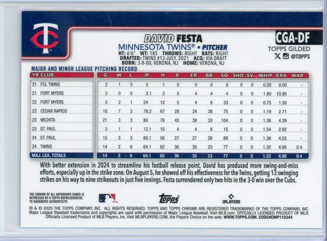 David Festa 2025 Topps Chrome Gilded Blue Gold #'d 06/10