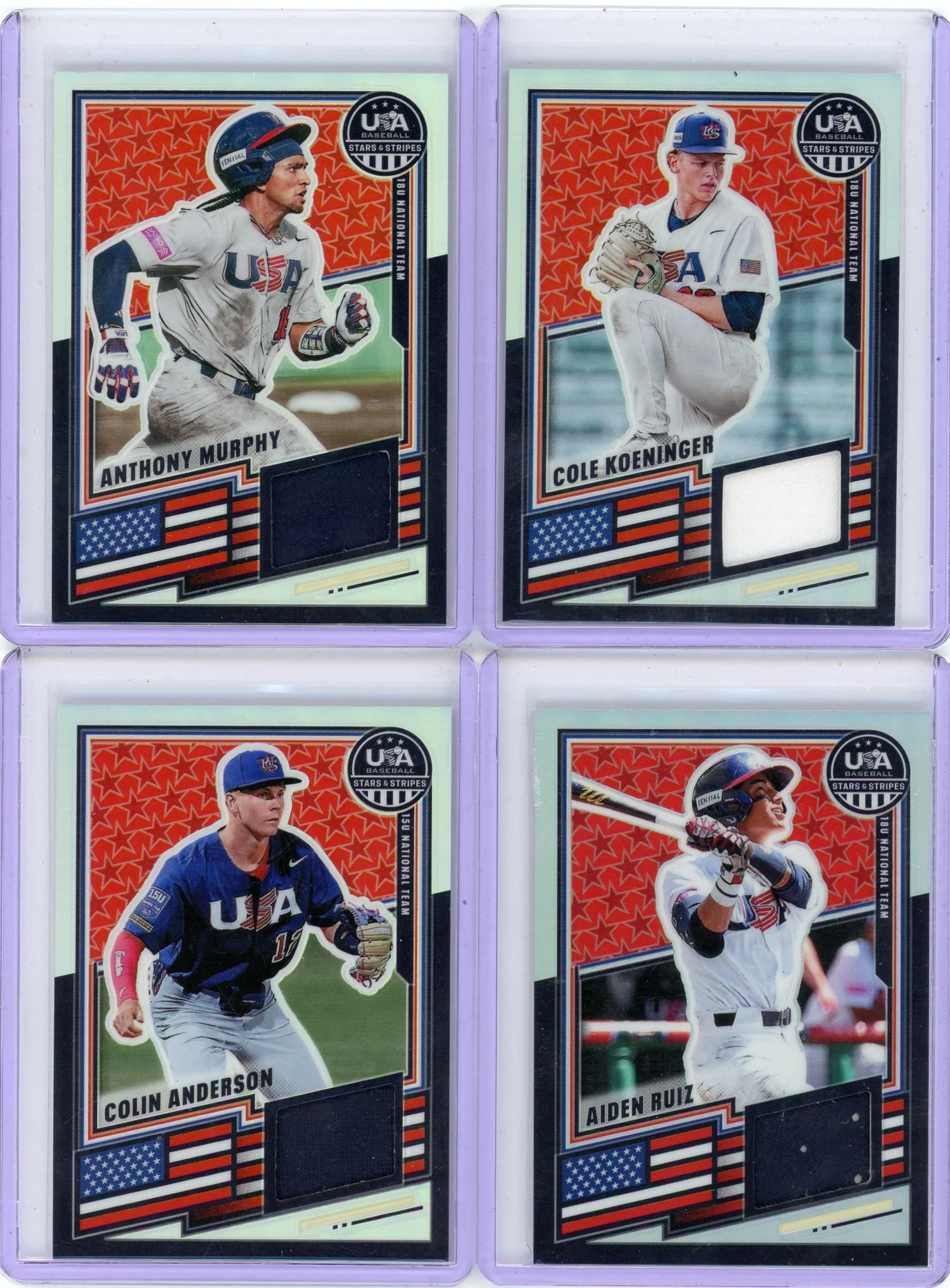 Cole Koeninger/Anthony Murphy/Aiden Ruiz/Colin Anderson 2026 Panini USA Baseball Stars & Stripes USA Materials Jersey Relic 4-card Lot