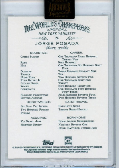 Jorge Posada 2021 Topps Archives Autograph #'d 34/82