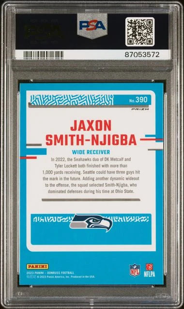 Jaxon Smith-Njigba 2023 Panini Donruss Optic Preview Red/Green holo rc PSA 10