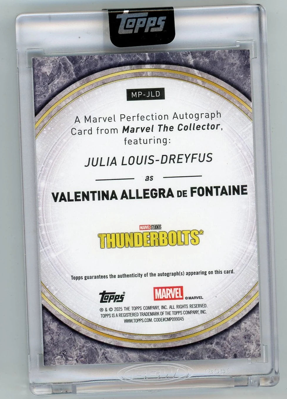 Valentina Allegra de Fontaine (Julia Louis-Dreyfus) 2025 Topps Marvel The Collector Perfection auto orange (encased) #'d 11/25