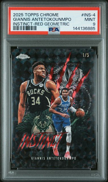 Giannis Antetokounmpo 2025 Topps Chrome Instinct Red Geometric #'d 1/5 PSA 9