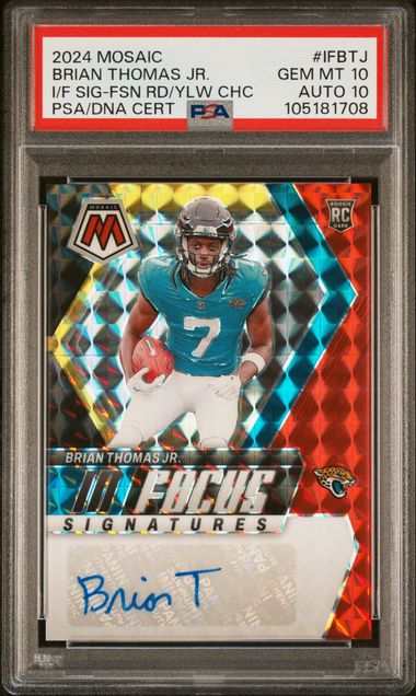 Brian Thomas Jr. 2024 Panini Mosaic In Focus Signatures Red Yellow Choice PSA 10 Auto 10