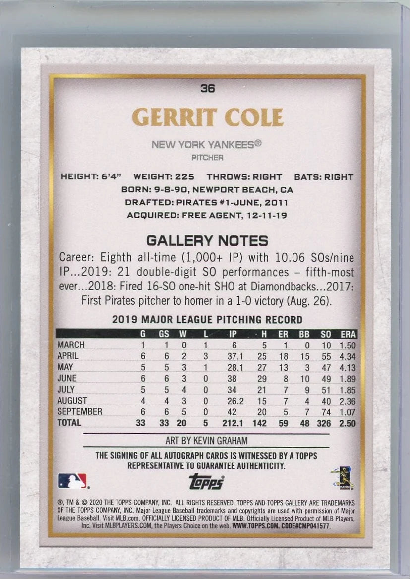 Gerrit Cole 2020 Topps Gallery Autograph #36