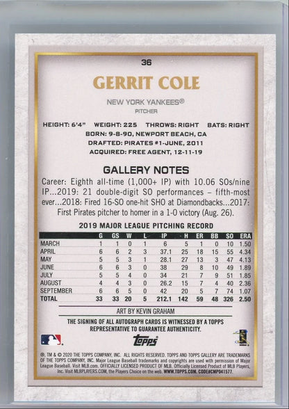 Gerrit Cole 2020 Topps Gallery Autograph #36