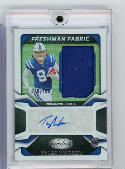Tyler Warren 2025 Panini Certified Freshman Fabric RPA #'d 229/499