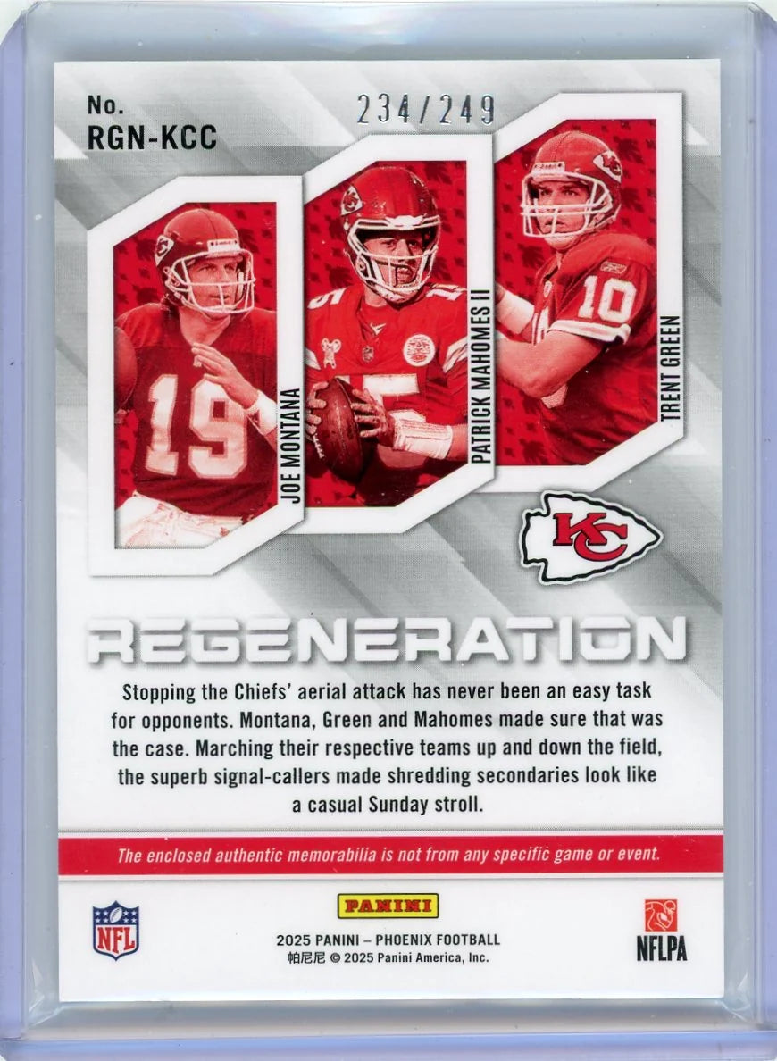 Joe Montana/Patrick Mahomes/Trent Green 2025 Panini Phoenix Regeneration Triple Jersey Relic #'d 234/249