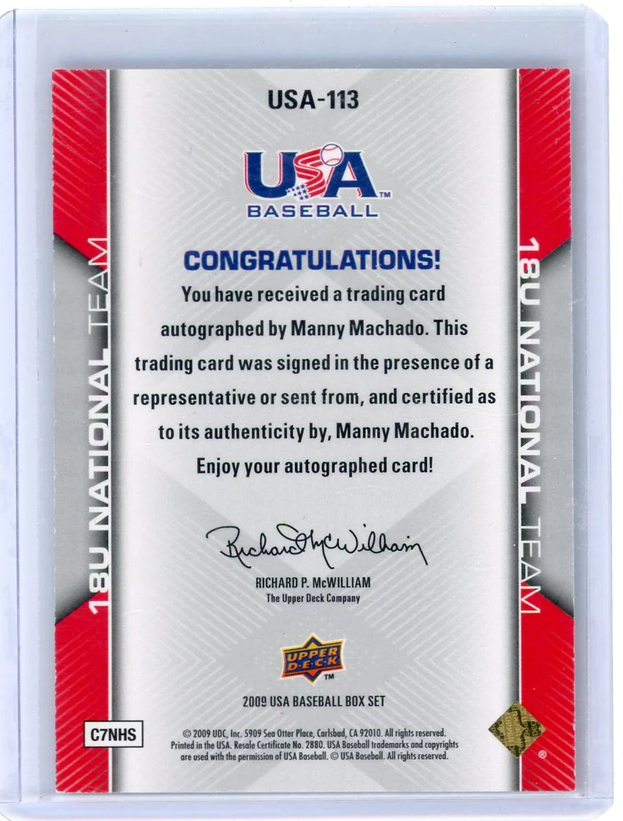 Manny Machado 2009 Upper Deck USA Baseball 18U autograph