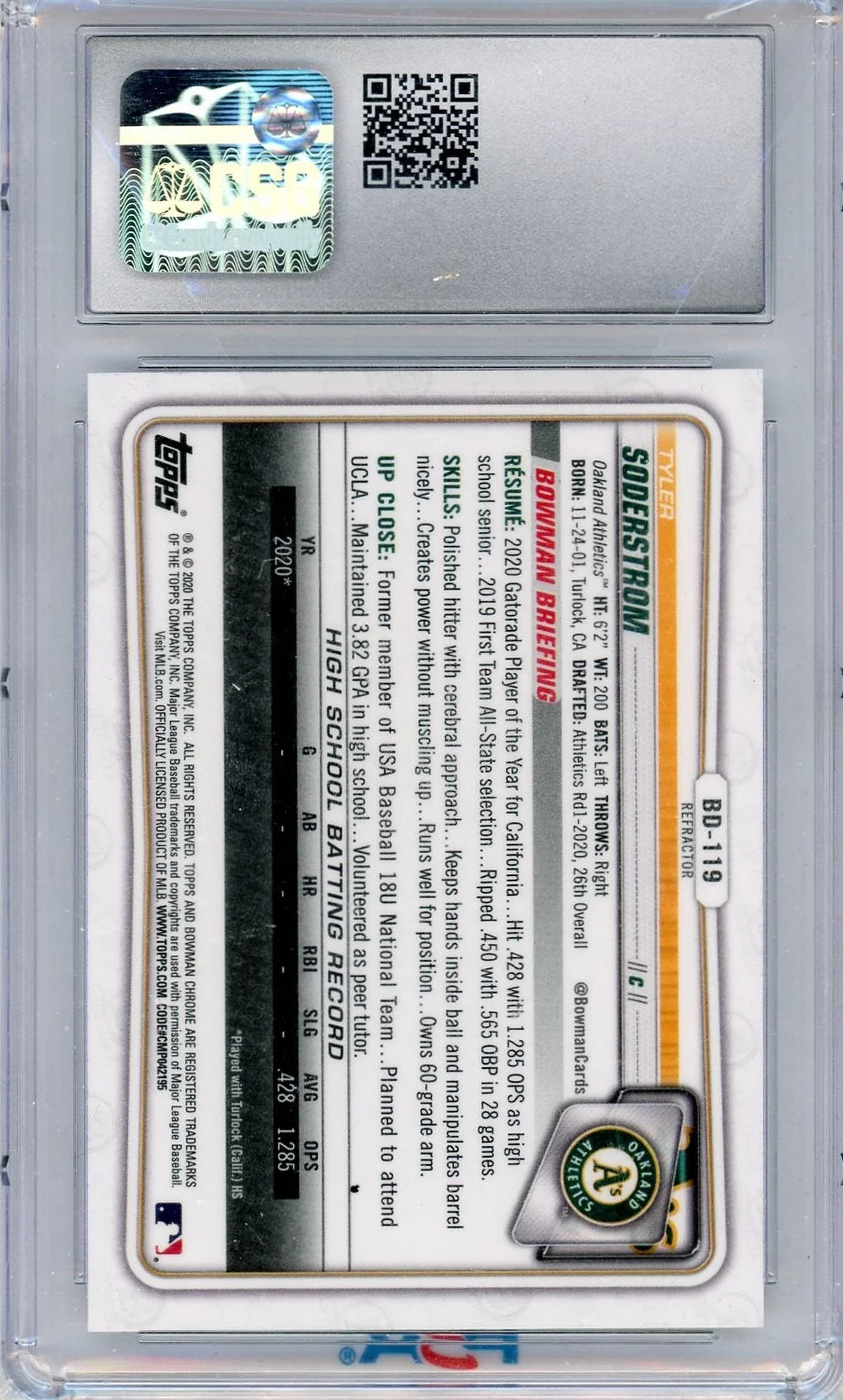 Tyler Soderstrom 2020 Bowman Draft Refractor CSG 9.5