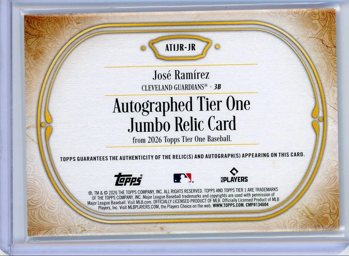 Jose Ramirez 2026 Topps Tier One Jumbo Relic Auto #AT1JR-JR #'d /49