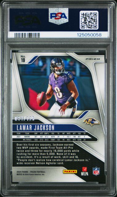 Lamar Jackson 2024 Panini Prizm Purple #'d 084/125 PSA 10