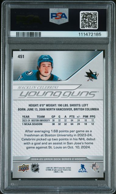 Macklin Celebrini 2024 Upper Deck Series 2 Young Guns PSA 9