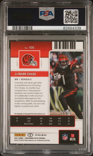 Ja'Marr Chase 2021 Panini Contenders Optic Variation autograph RWB rc #'d 09/13 PSA 9