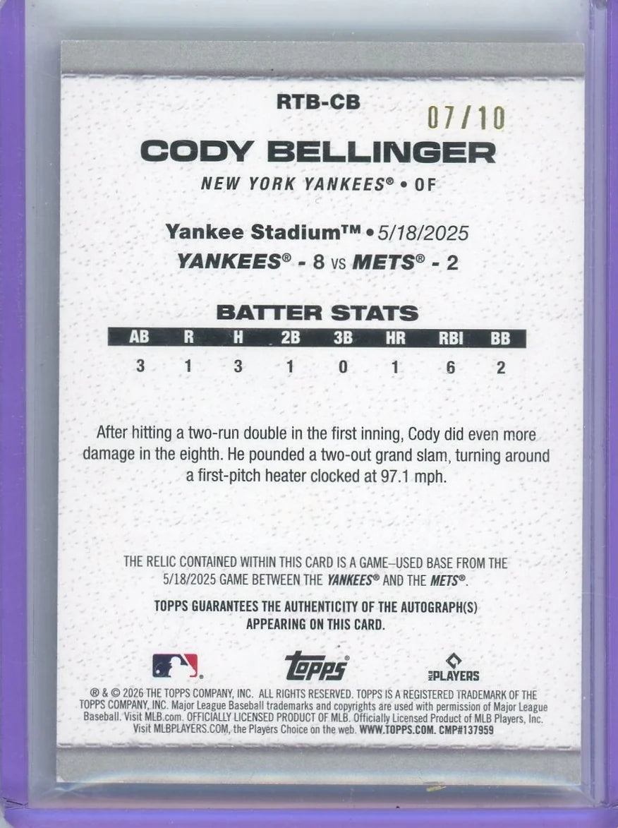 Cody Bellinger 2026 Topps Series 2 Rounding The Bases Relic Auto #'d 07/10