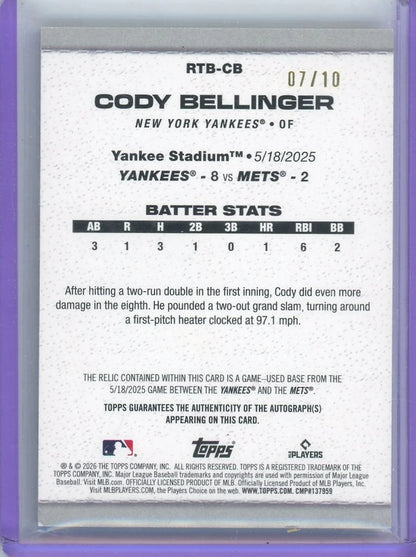 Cody Bellinger 2026 Topps Series 2 Rounding The Bases Relic Auto #'d 07/10