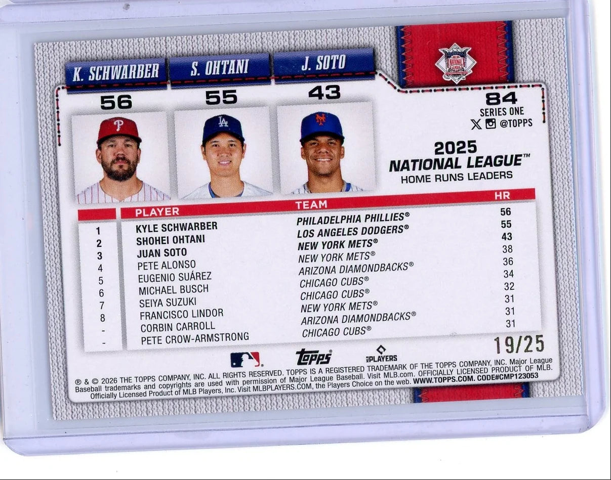 K.Schwarber / S. Ohtani / J. Soto 2026 Topps Series 1 National League Homerun Leaders Orange Foil #'d 19/25