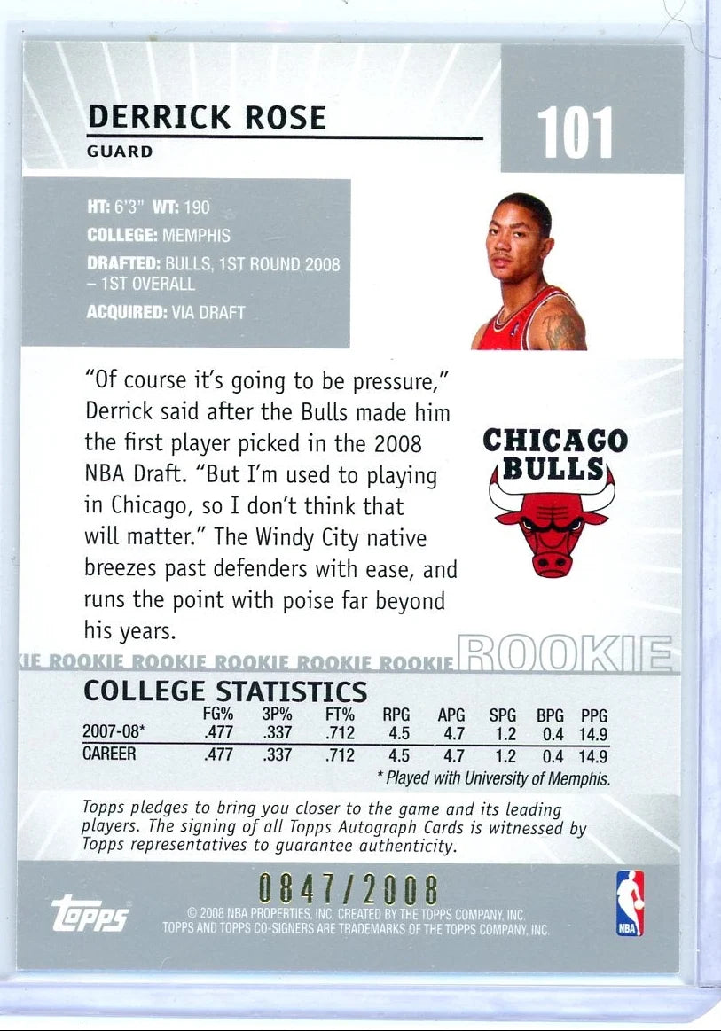 Derrick Rose 2008 Topps Co-Signers rookie card #'d 0847/2008