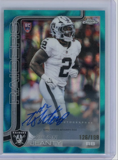 Ashton Jeanty 2025 Topps Chrome autograph aqua raywave ref. RC #'d 126/199