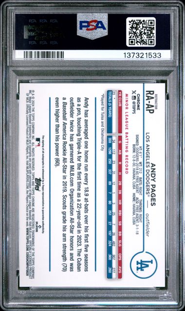 Andy Pages 2024 Topps Chrome Update autograph ref. RC #'d 237/499 PSA 10