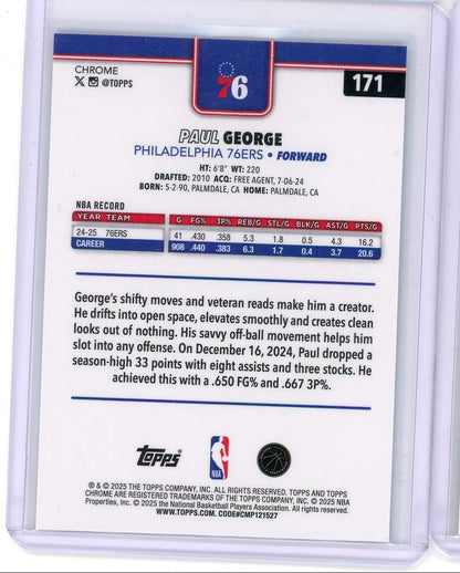 Paul George 2025 Topps Chrome Blue Wave Refractor #'d 046/150