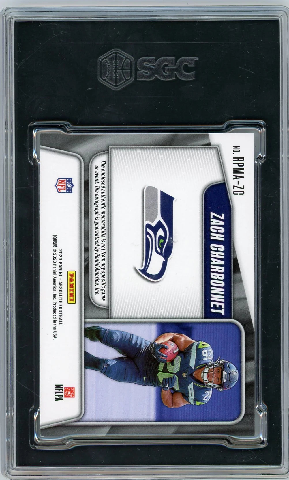 Zach Charbonnet 2023 Panini Absolute Rookie Premier Quad Materials Auto RC #'d 135/199 SGC 8.5 Auto 10