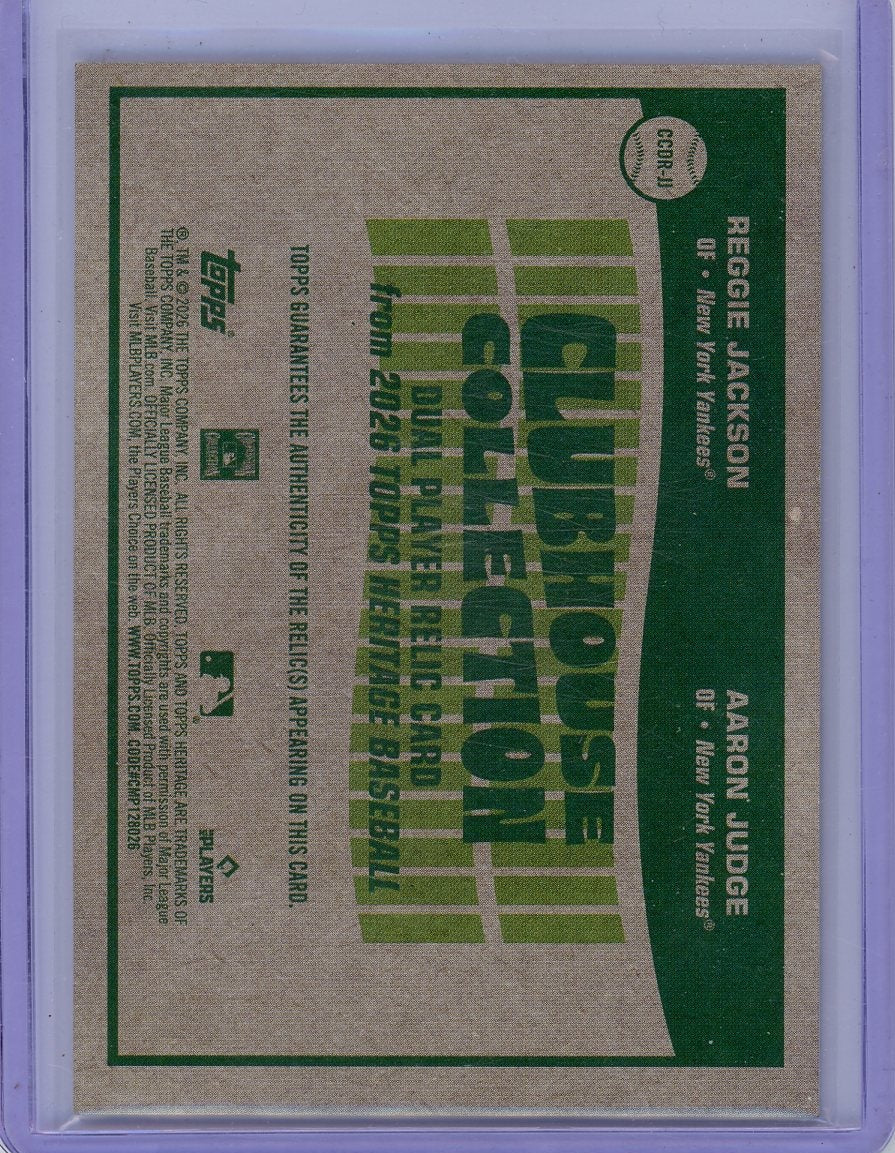 Reggie Jackson Aaron Judge 2026 Topps Clubhouse Collection game-used dual relic #'d 20/77