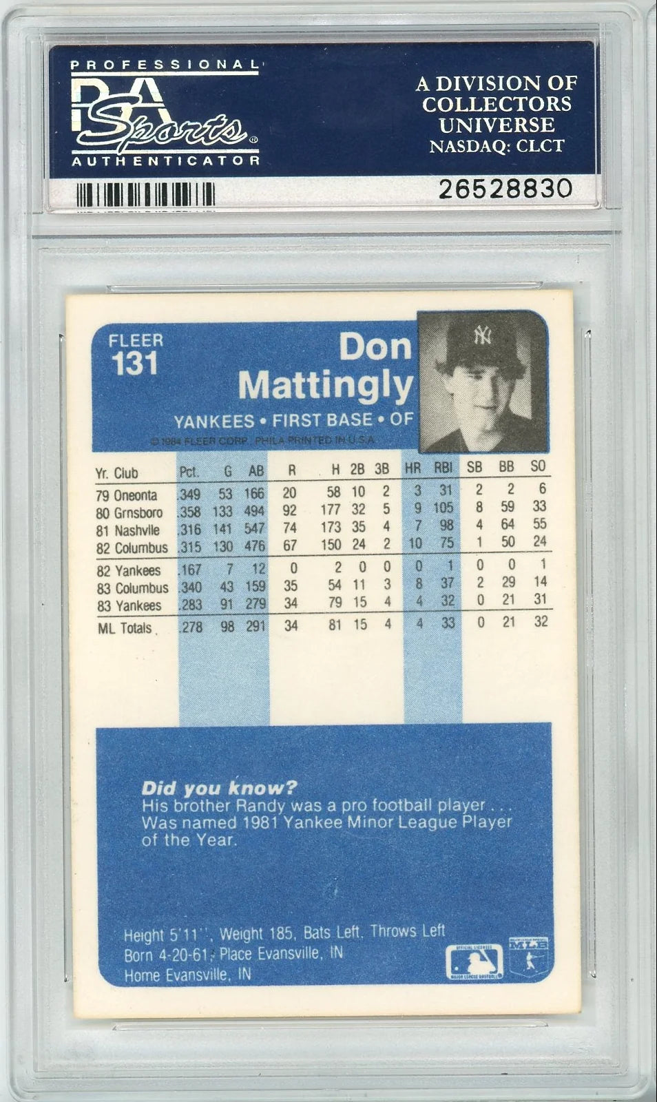 Don Mattingly 1984 Fleer #131 PSA 8