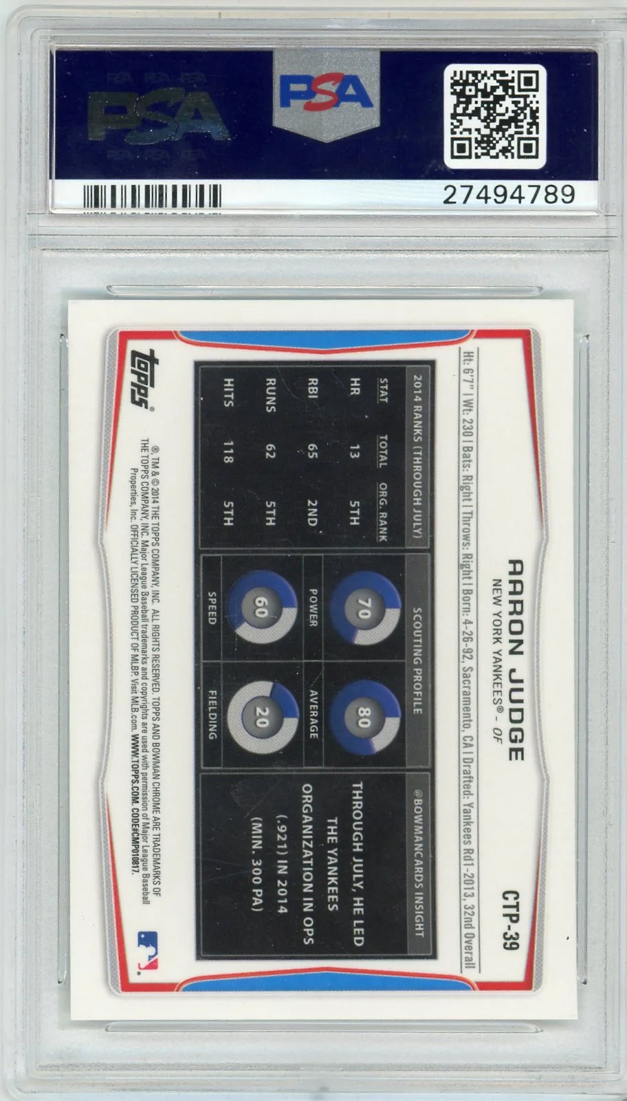 Aaron Judge 2014 Bowman Draft Picks Chrome Top Prospects PSA 10