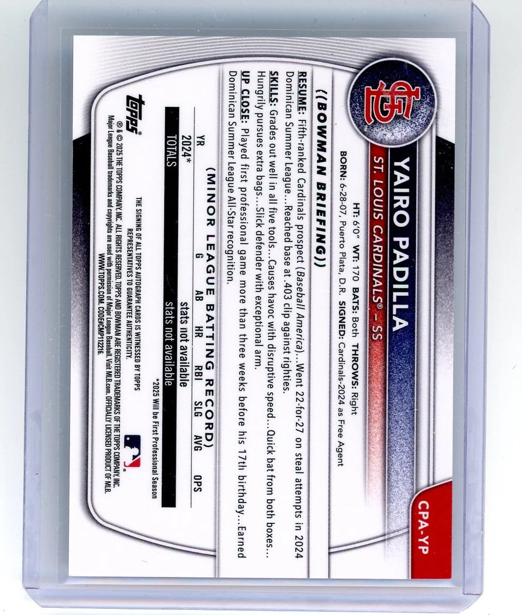 Yairo Padilla 2025 Bowman Chrome Prospects 1st Bowman Auto