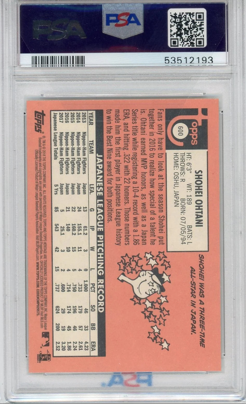 Shohei Ohtani 2018 Topps Heritage #600 RC PSA 9
