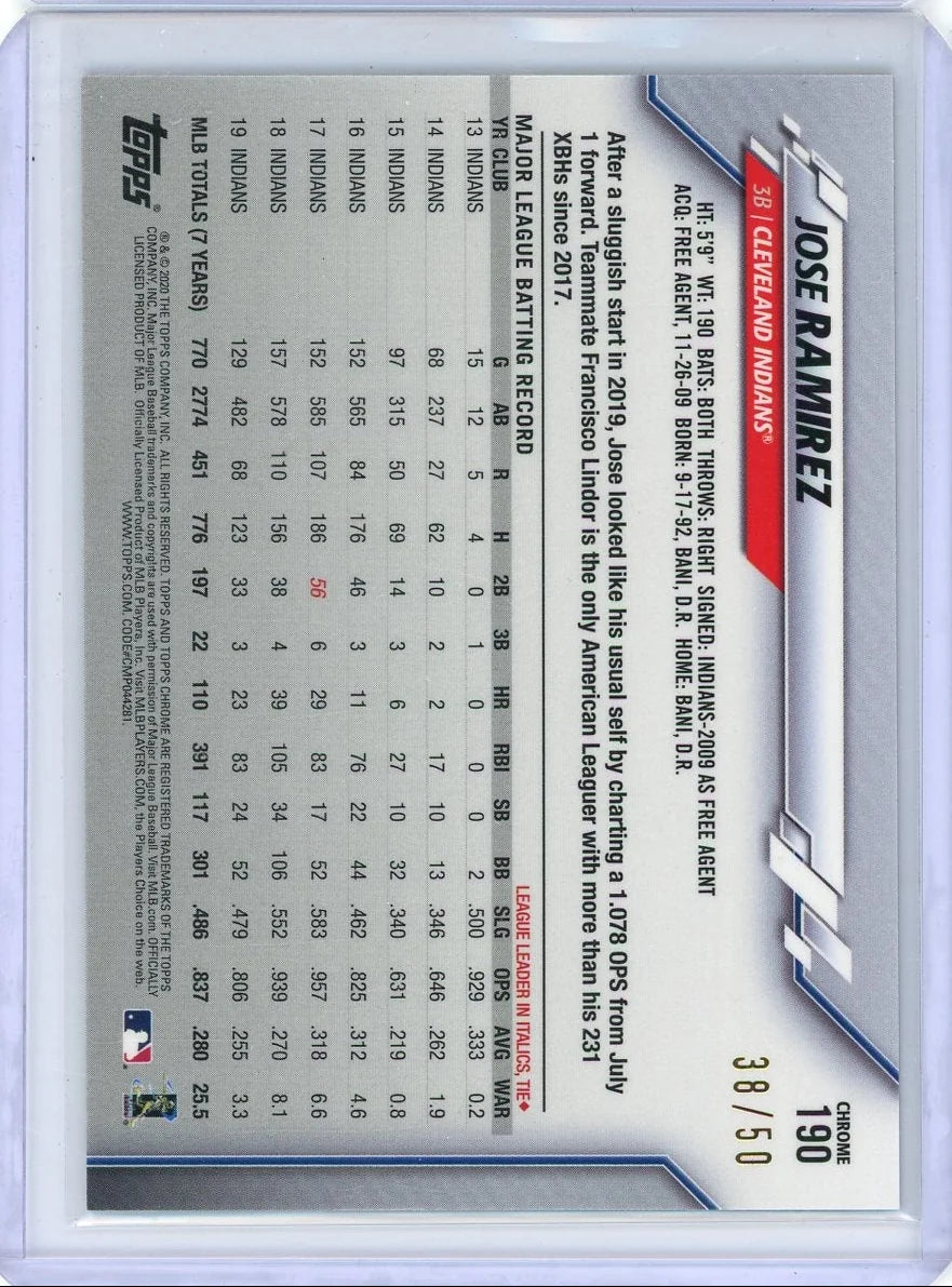 Jose Ramirez 2020 Topps Chrome Ben Baller gold ref. #'d 38/50