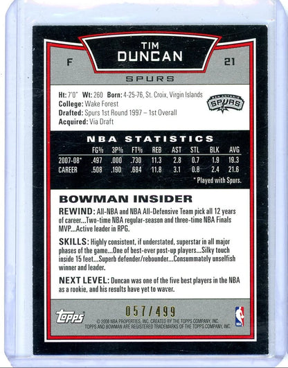 Tim Duncan 2008 Bowman blue #'d 057/499
