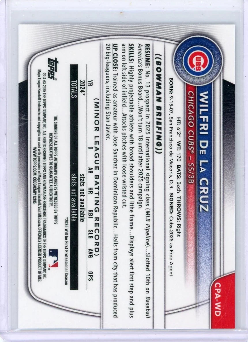Wilfri De La Cruz 2025 1st Bowman Chrome speckle ref. autograph #'d 128/299