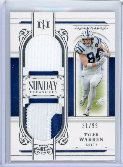 Tyler Warren 2025 Panini National Treasures Sunday Treasures relic rc #'d 31/99