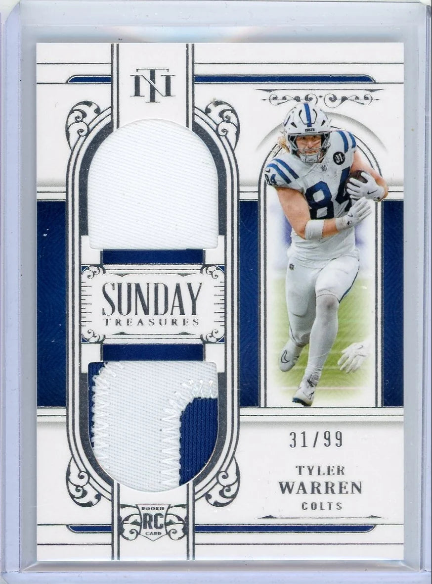 Tyler Warren 2025 Panini National Treasures Sunday Treasures relic rc #'d 31/99