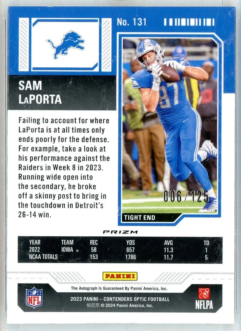 Sam LaPorta 2023 Panini Contenders Optic Rookie Autograph Red #'d 006/125