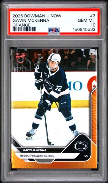 Gavin McKenna 2025 Bowman U Now 1st Hat-Trick Orange #'d 08/25 PSA 10