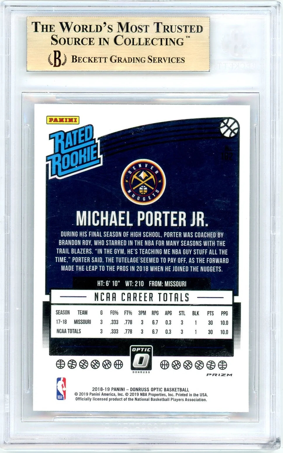 Michael Porter Jr. 2018-19 Donruss Optic Purple rc BGS 9.5