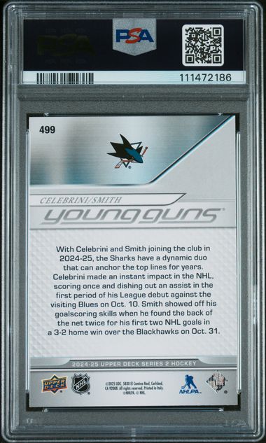 Macklin Celebrini Will Smith 2024 Upper Deck Series 2 Young Guns TeamMates PSA 10