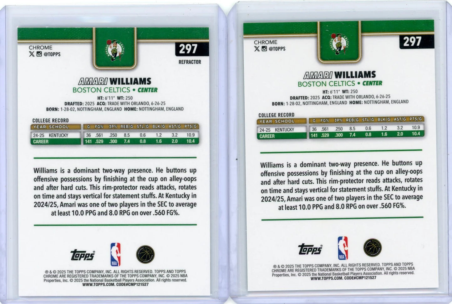 Amari Williams 2025-26 Topps Chrome 2-card Refractor + Aqua /199 RC lot
