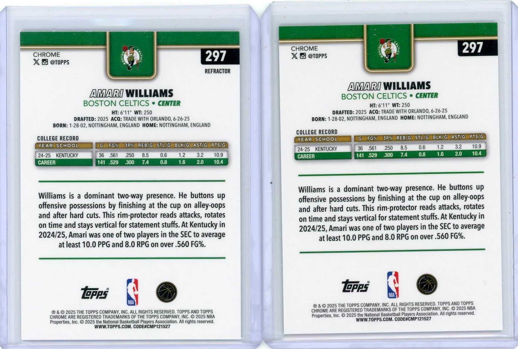 Amari Williams 2025-26 Topps Chrome 2-card Refractor + Aqua /199 RC lot