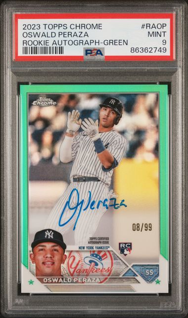 Oswald Peraza 2023 Topps Chrome autograph rookie card green ref. #'d 08/99 PSA 9