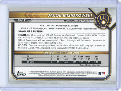 Jacob Misiorowski 2022 Bowman Baseball 1st Bowman Aqua #'d 379/499