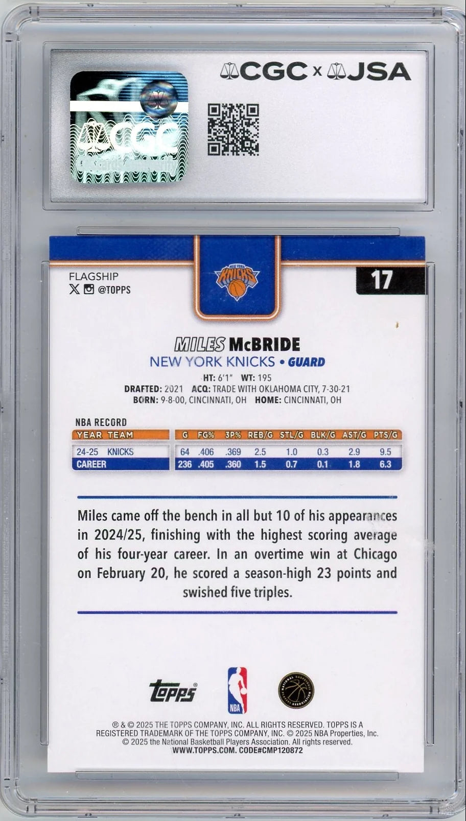 Miles McBride 2025-26 Topps CGC x JSA Authentic Auto