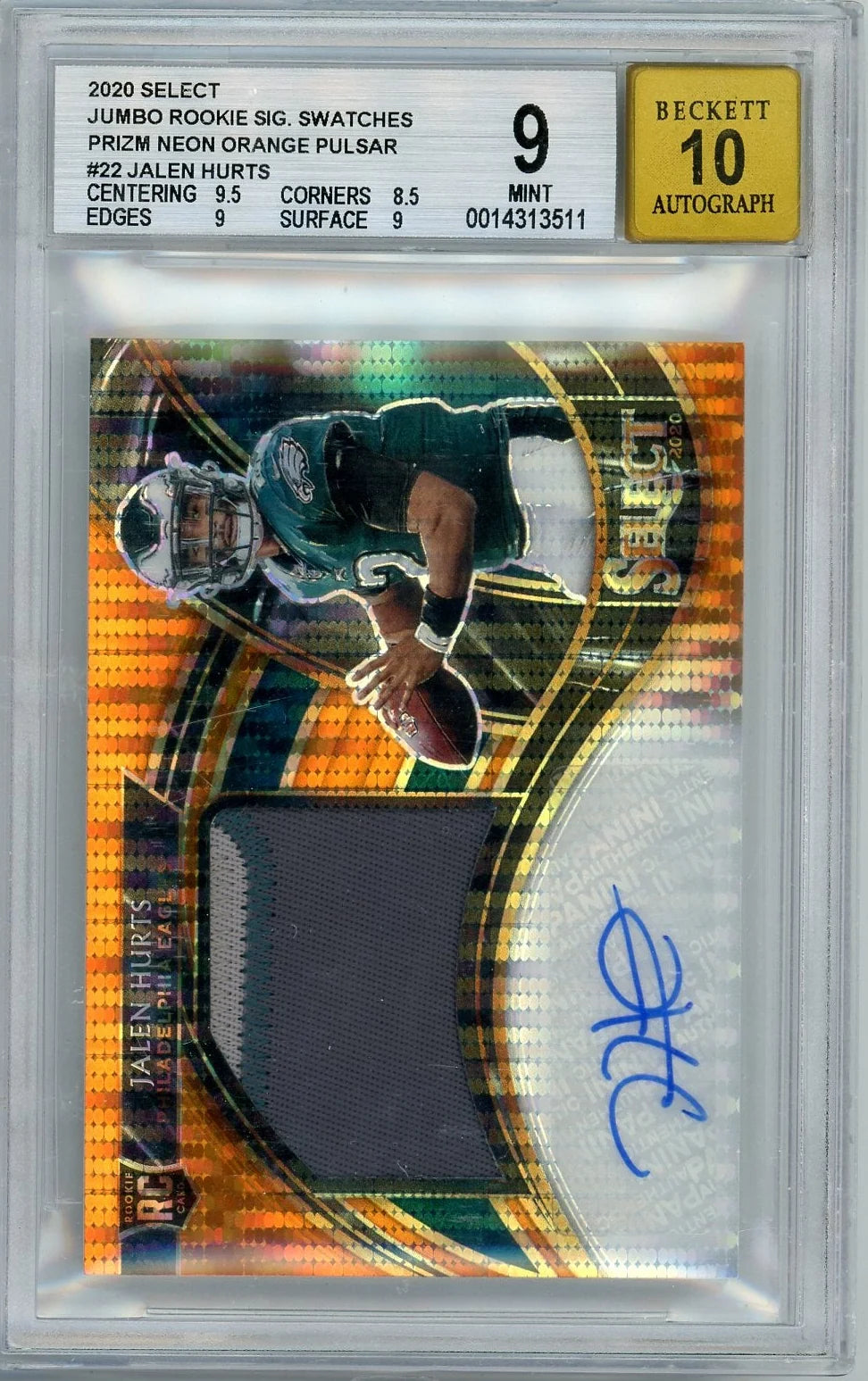 Jalen Hurts 2020 Panini Select Jumbo Rookie Sig. Swatches Neon Orange Pulsar RPA #'d 16/25 BGS 9 AUTO 10