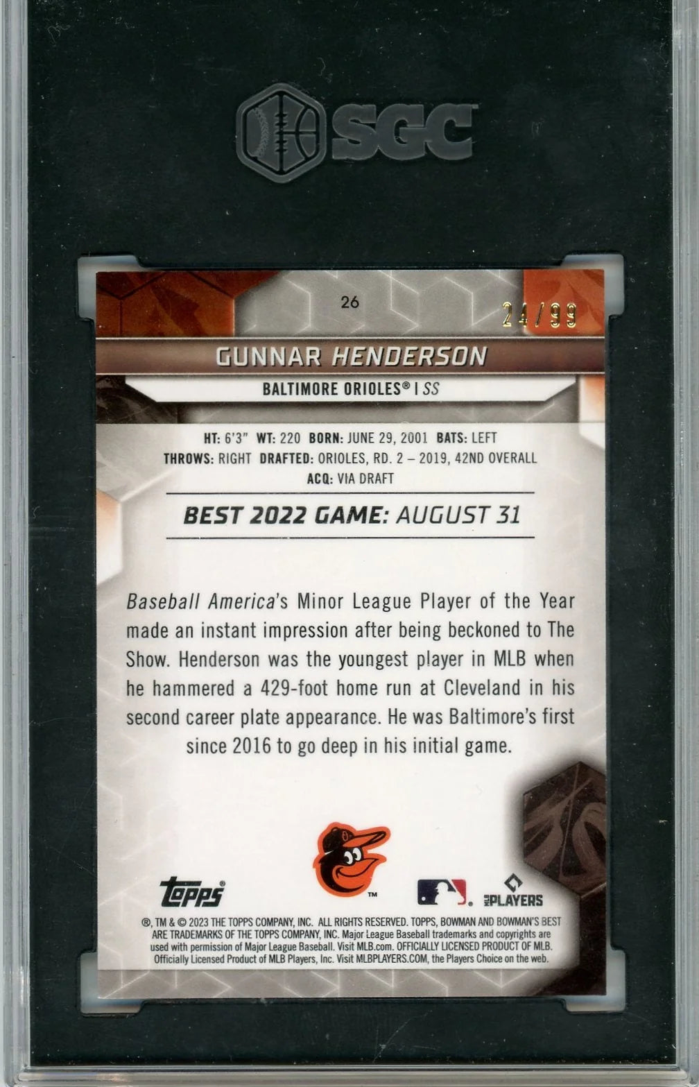 Gunnar Henderson 2023 Bowman's Best #26 Green Mini-Diamond Refractor RC /99 SGC 9.5