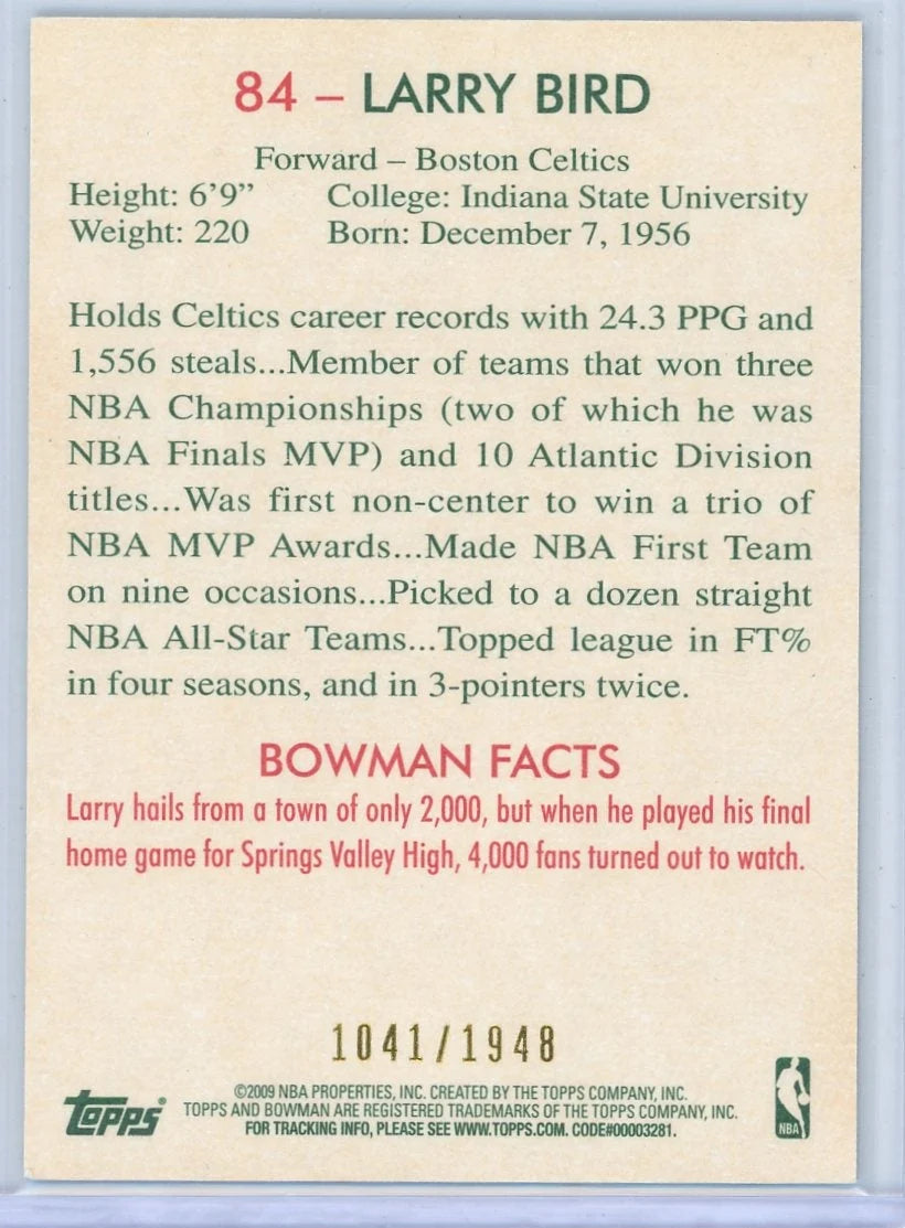 Larry Bird 2009 Bowman light blue #'d 1041/1948