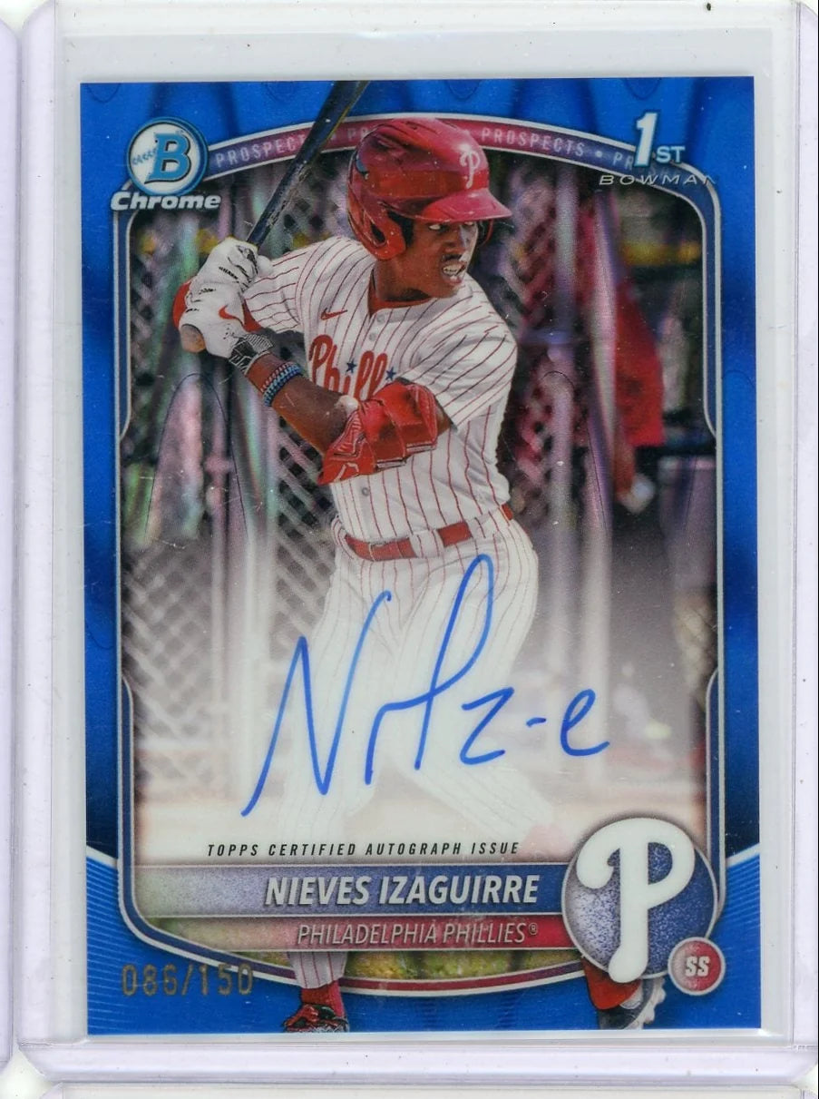 Nieves Izaguirre 2025 1st Bowman Chrome autograph Blue Ray Wave ref. #'d 086/150